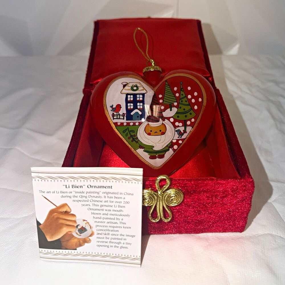 Pier 1 Li Bien 2013 Heart Glass Christmas Ornament Happy Holidays Red Velvet Box